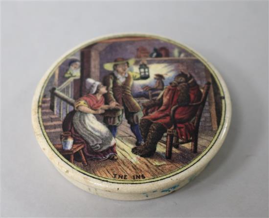 A colour printed pot lid The Ins, diam. 7.5cm